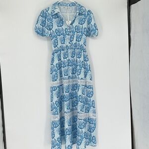 Grace Karin Blue Floral Lace Trim Midi Dress Size M Puff Sleeve Tie Waist Boho